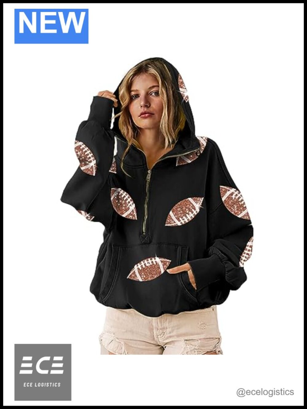 Sequin Football Hoodie Sweatshirt Half Zip Oversized Pullover Game Day Top